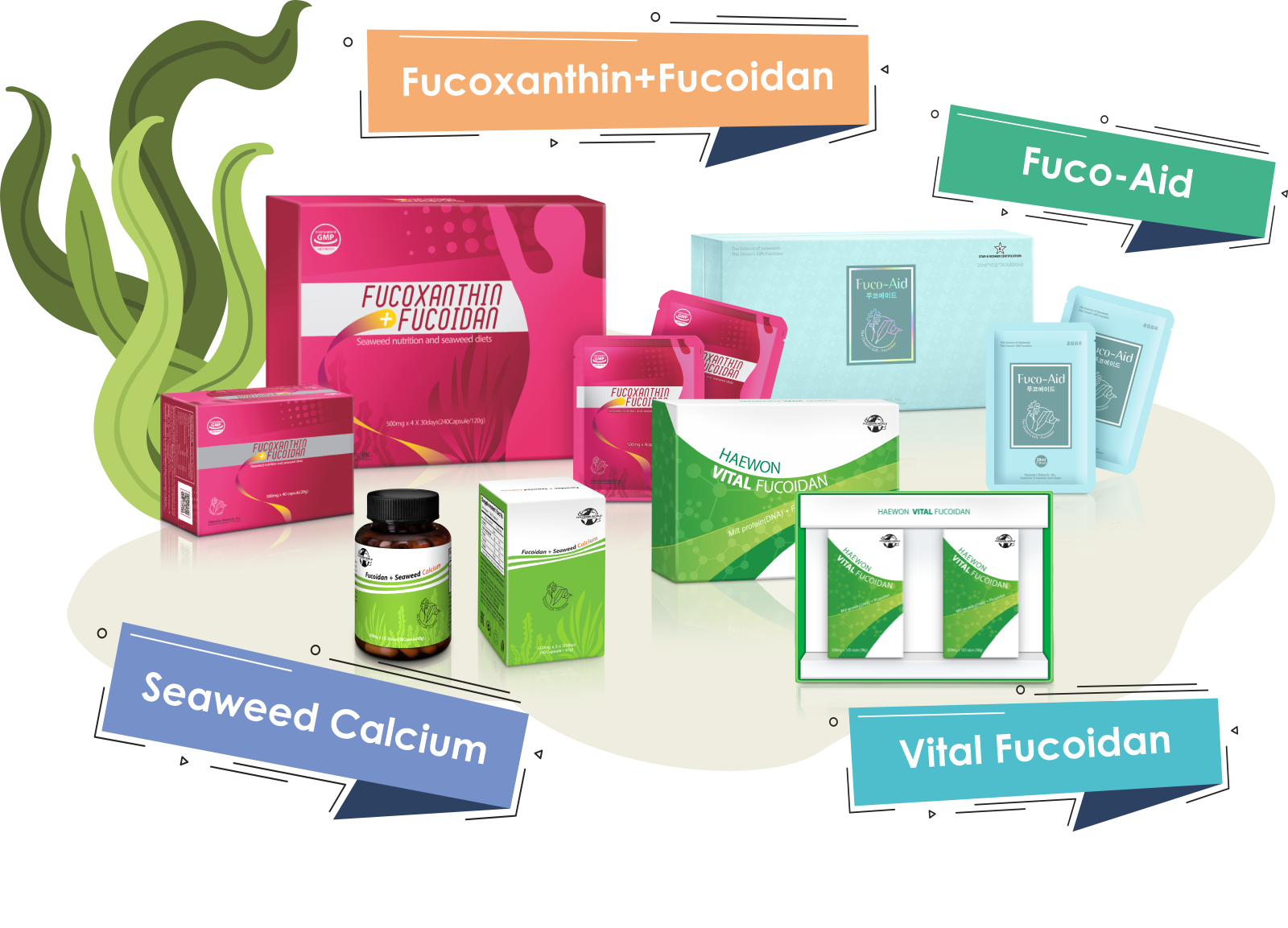 Продукты с фукоиданом Fucoxanthin+Fucoidan, Haewon Vital Fucoidan, Fuco-Aid, Seaweed Calcium